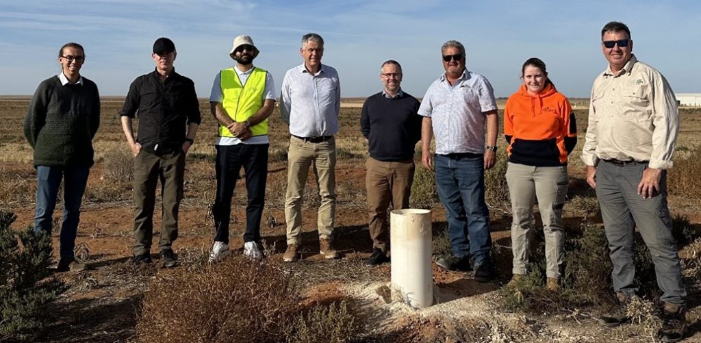 Visit to the demonstration site location, with the brackish groundwater production bore in centre. From left: Peter Reeve, Andrew Hall, Shahin Solgi, Paul Petrie, Michael Leonard, Brendan Sidhu, Gemma Nunn and Kym Walton.